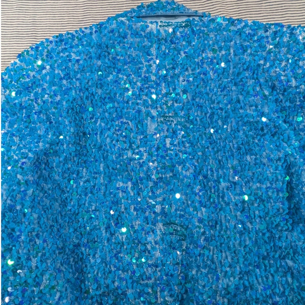 Nasty Gal $326 Size 6 Teal Blue Sequin Two Piece Set Cropped Blazer Flare Pants - Picture 15 of 16